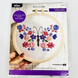 Sheer Fabric Butterfly Embroidery Kit w/Hoop Frame - New